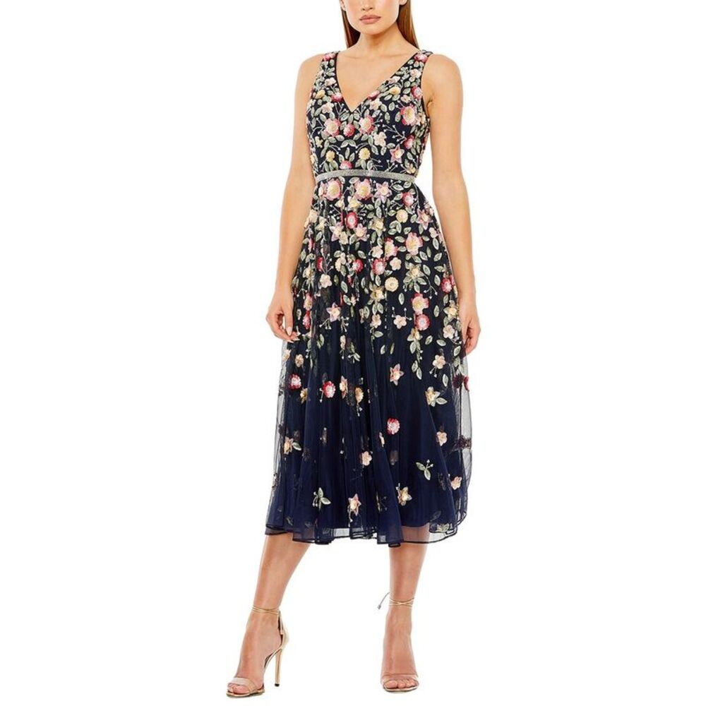Mac Duggal Womens  Embroidered Mesh V-Neck Sleeveless Midi Dress